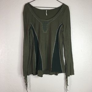 Free People green fringe tassel long sleeve shirt